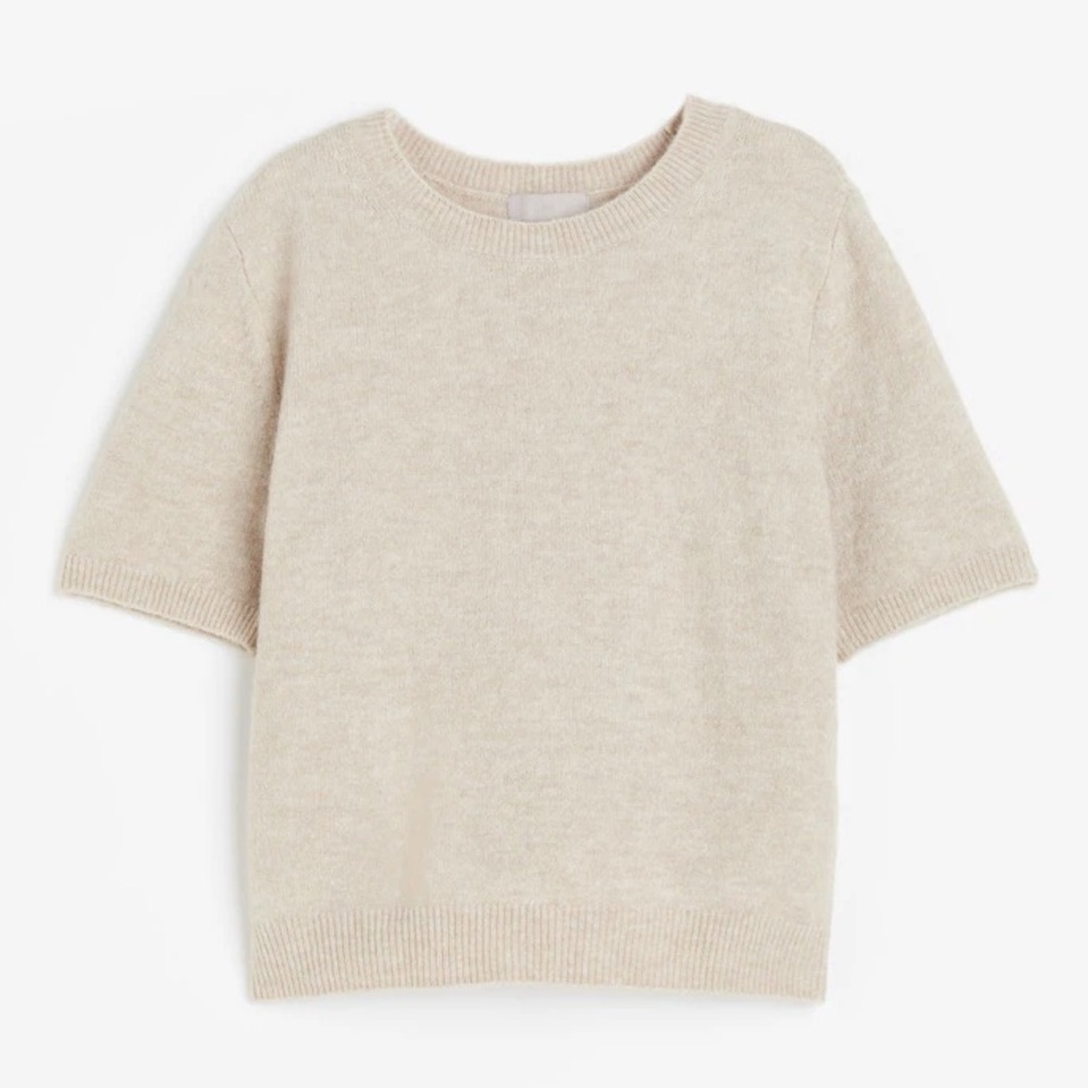 H&M Fine Knit Ivory Beige Short Sleeve Womens Oversized Sweater Blouse Top Small